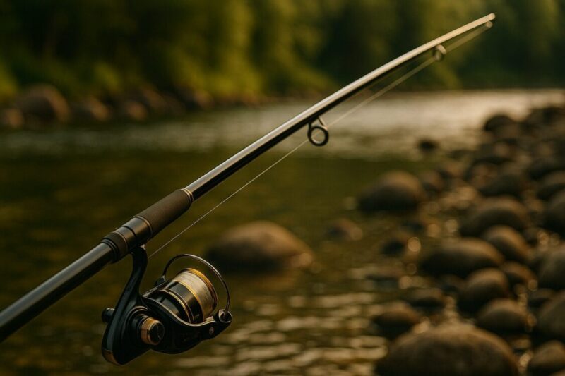 背景が川の釣り竿の画像