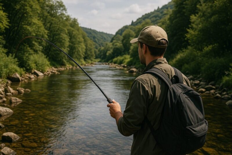 リュックを背負った男性が川に釣り竿を垂らしている画像