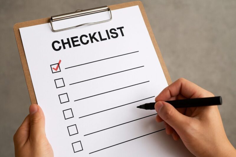 ボードにチェックリストを書いた紙が挟んである画像