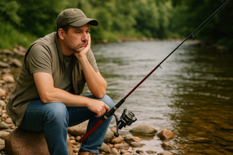 川辺で釣り竿を持った男性が悩んでいる表情をしている画像