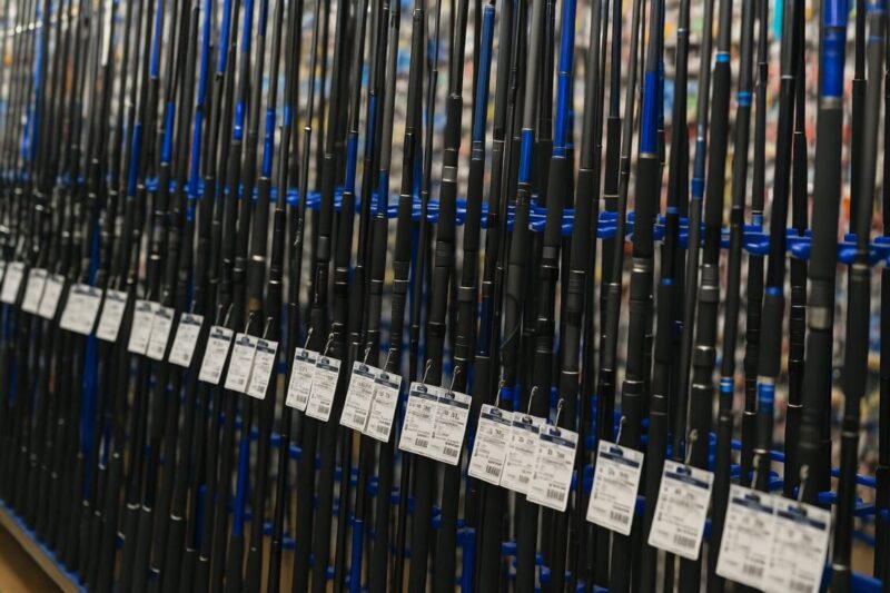 値札のついた釣り竿がたくさん立てかけてある画像